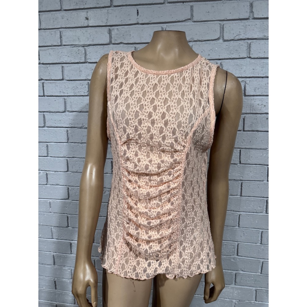 Anthropologie Ruched Peach Floral Lace Sleeveless Tank Top Boho NWT Large